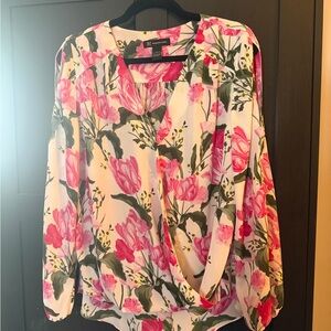 INC International Collection Pink Floral Faux Wrap Blouse with Open sleeves